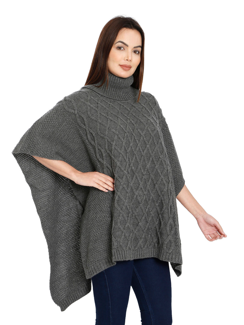 POMME Acrylic Knitted  Med Grey Melange Poncho for Women