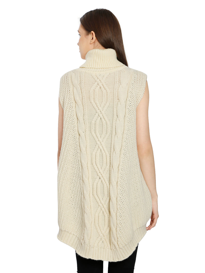 POMME Acrylic Knitted Ivory Poncho for Women
