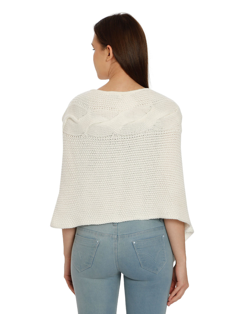POMME Acrylic Knitted Optical White (Cable knit) Poncho for Women