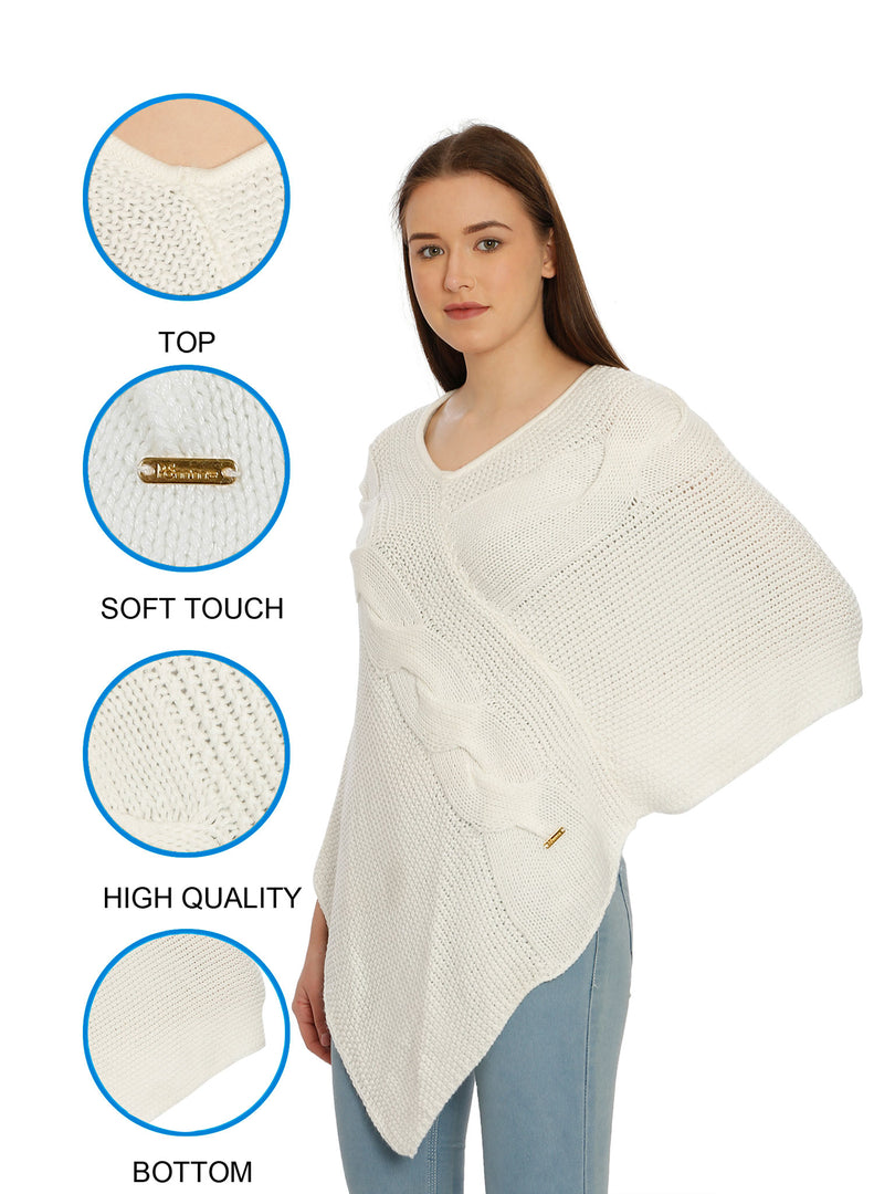 POMME Acrylic Knitted Optical White (Cable knit) Poncho for Women