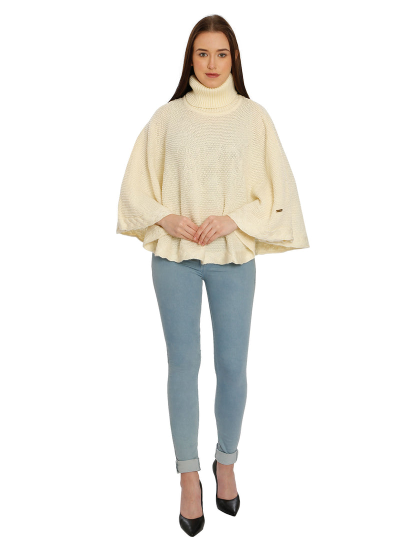 POMME Acrylic Knitted Off White (Cable knit) Poncho for Women