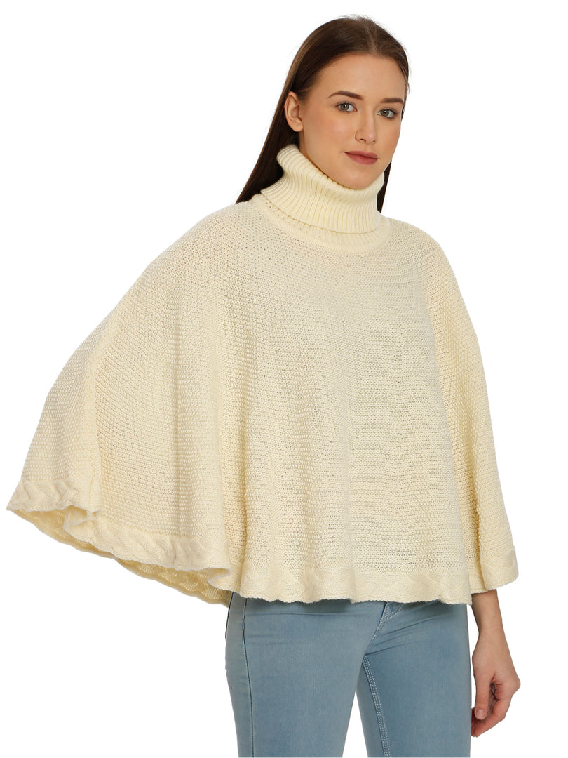 POMME Acrylic Knitted Off White (Cable knit) Poncho for Women