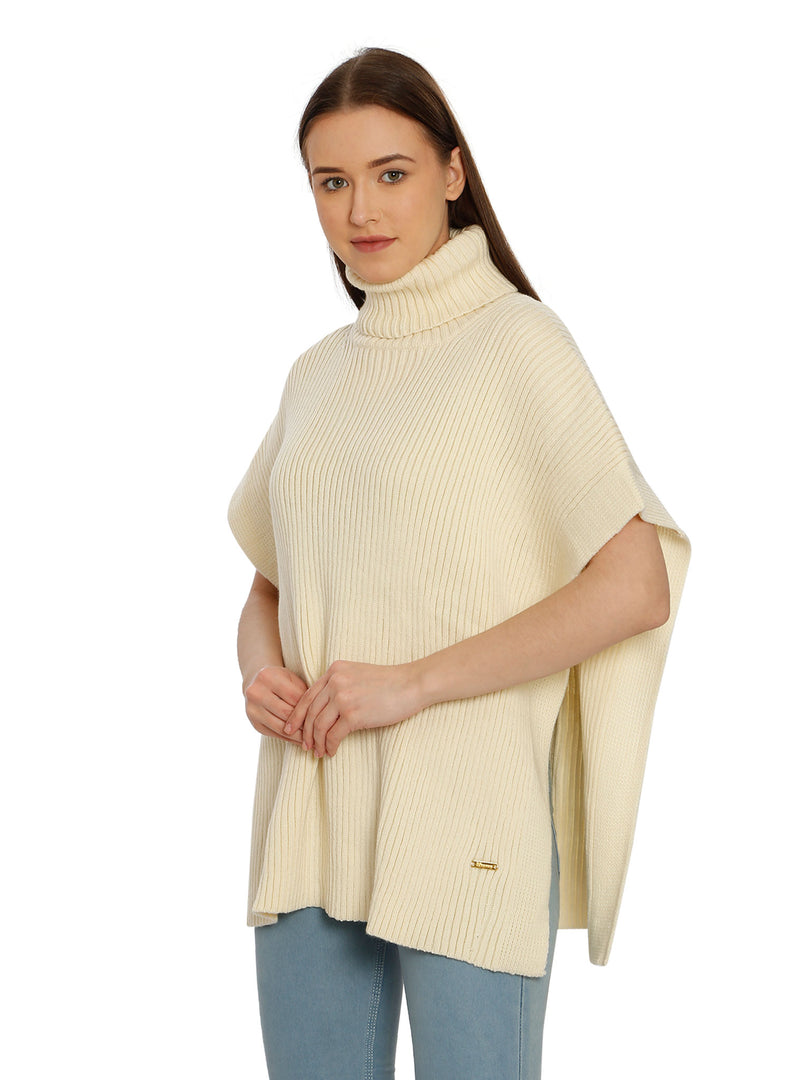 POMME Acrylic Knitted Off White Poncho for Women