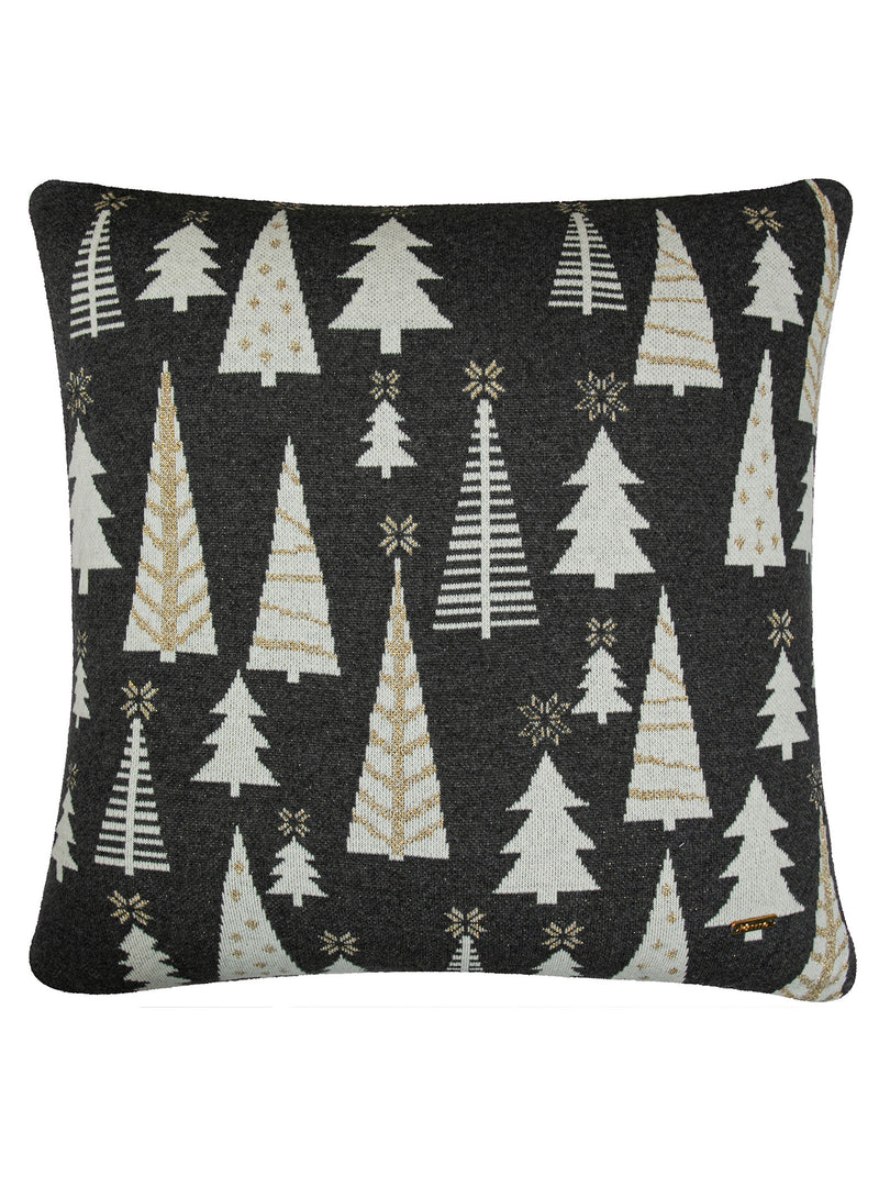 Pomme Cotton Knitted Decorative Cushion Cover Dk Grey Ivory Christmas Tree Pattern