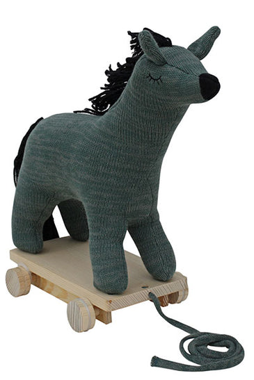 Knitted Soft Toy Horse With Wooden Cart