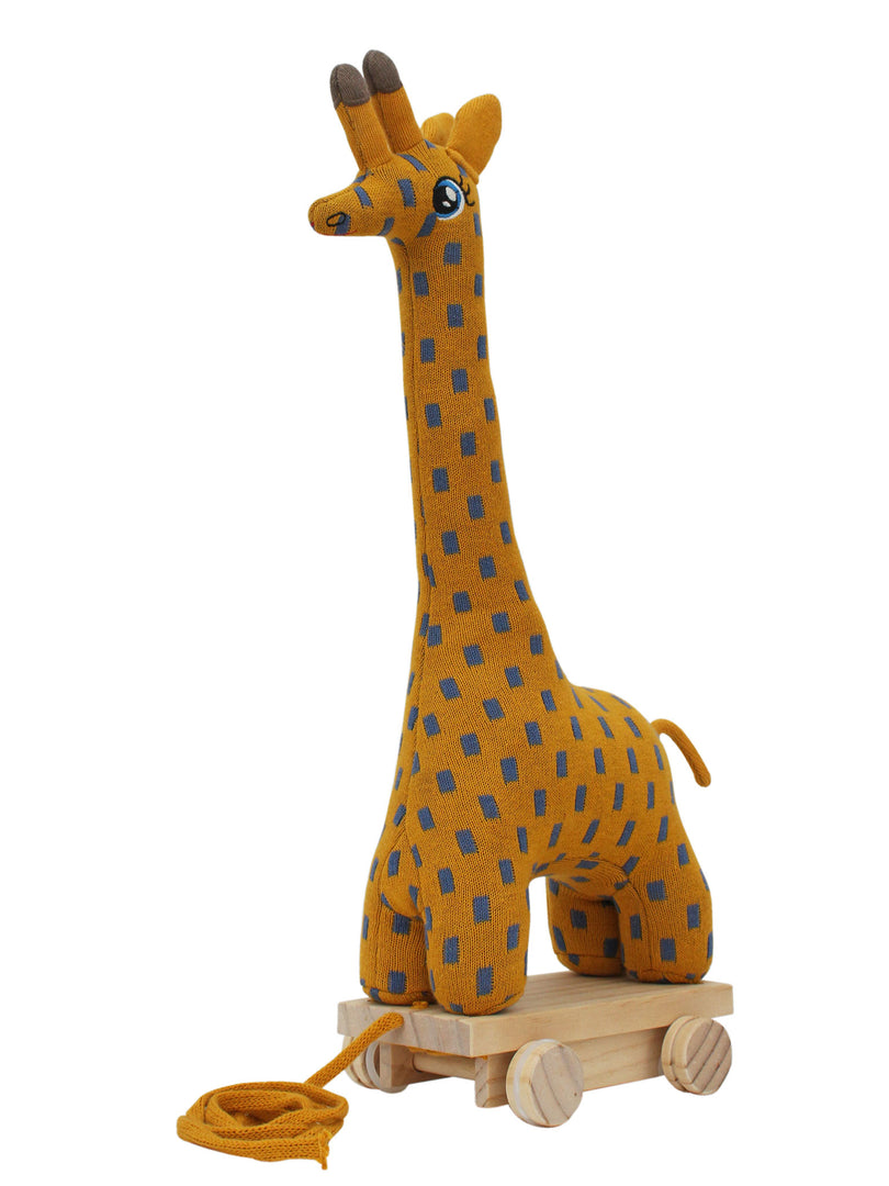 Knitted Soft Toy Giraffe With Wooden Cart