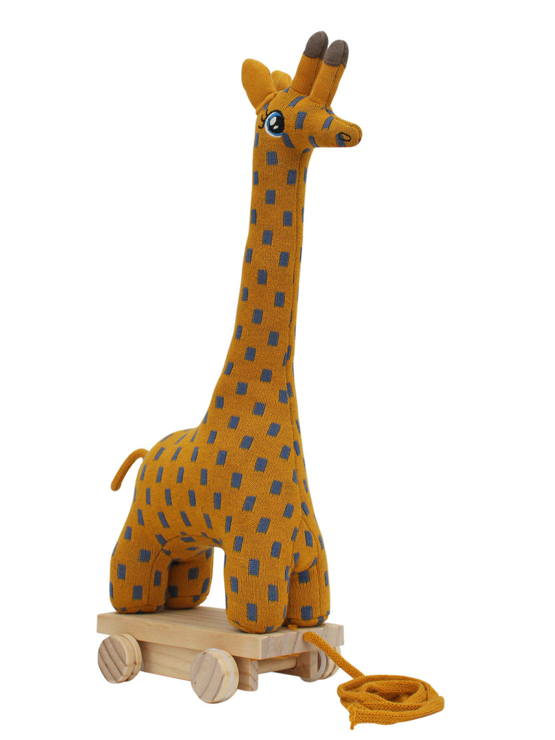 Knitted Soft Toy Giraffe With Wooden Cart