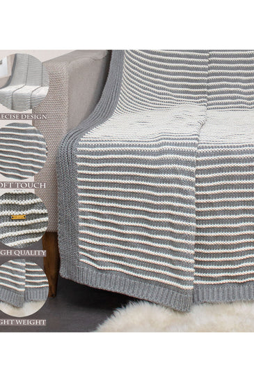 Gray With White Strips Knitted Cotton Throw