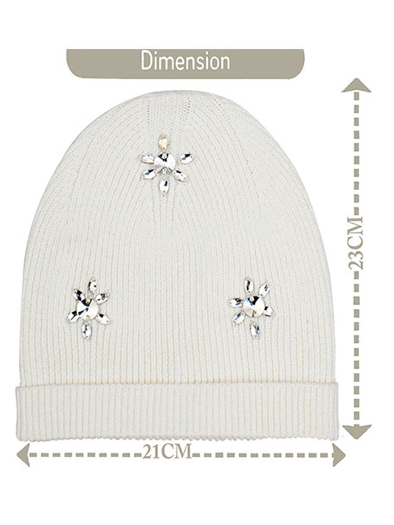 Cotton knitted Winter Cap For Women Ivory + Sequence Stone