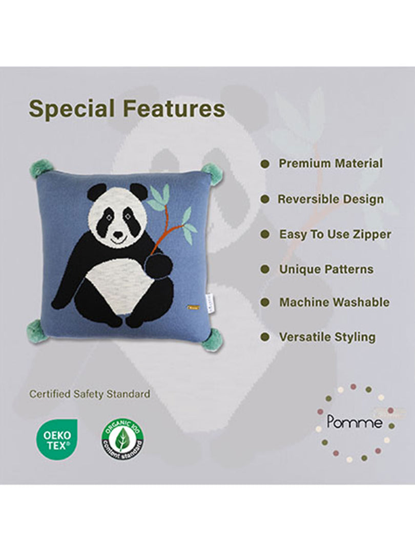 Panda Pattern Blue Knitted Baby Cushion Cover