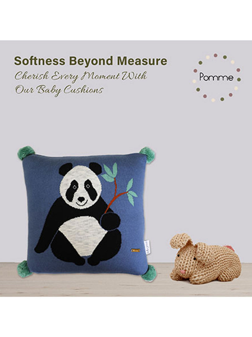 Panda Pattern Blue Knitted Baby Cushion Cover