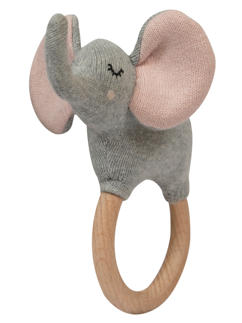 Knitted Rattle Elephant With Wooden Ring