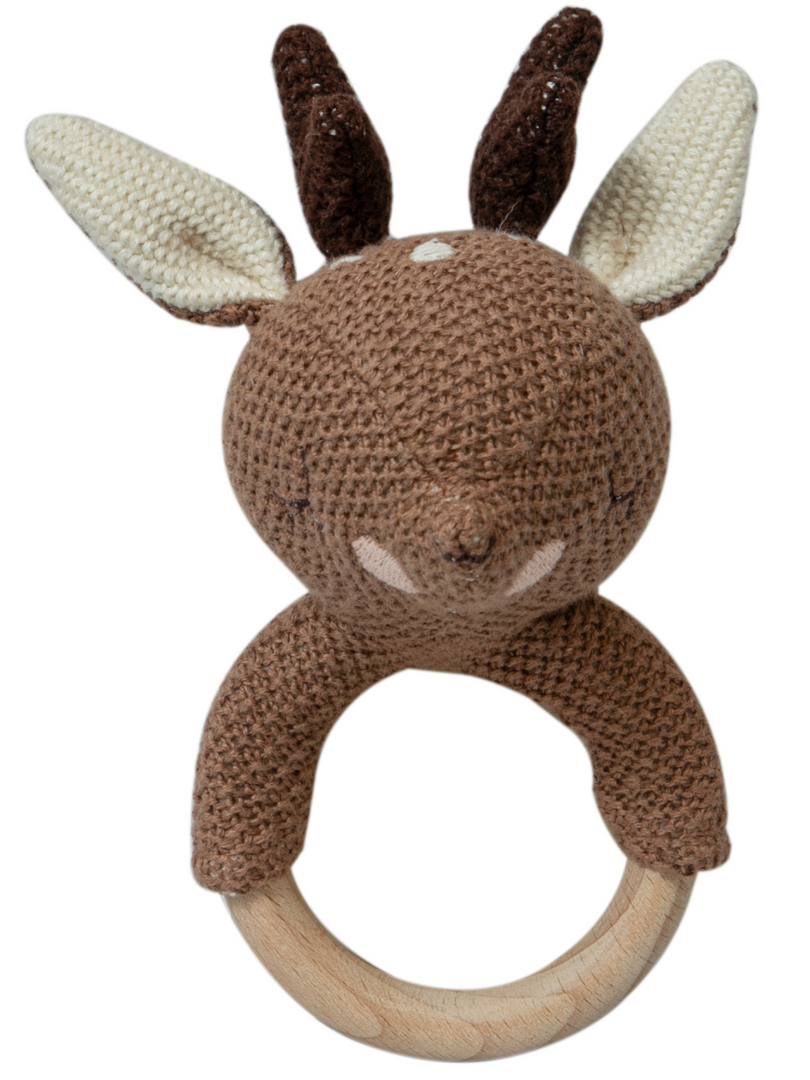 Knitted Deer Rattle With Wooden Ring