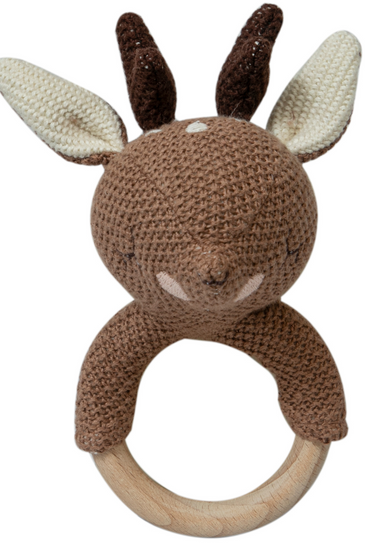 Knitted Deer Rattle With Wooden Ring