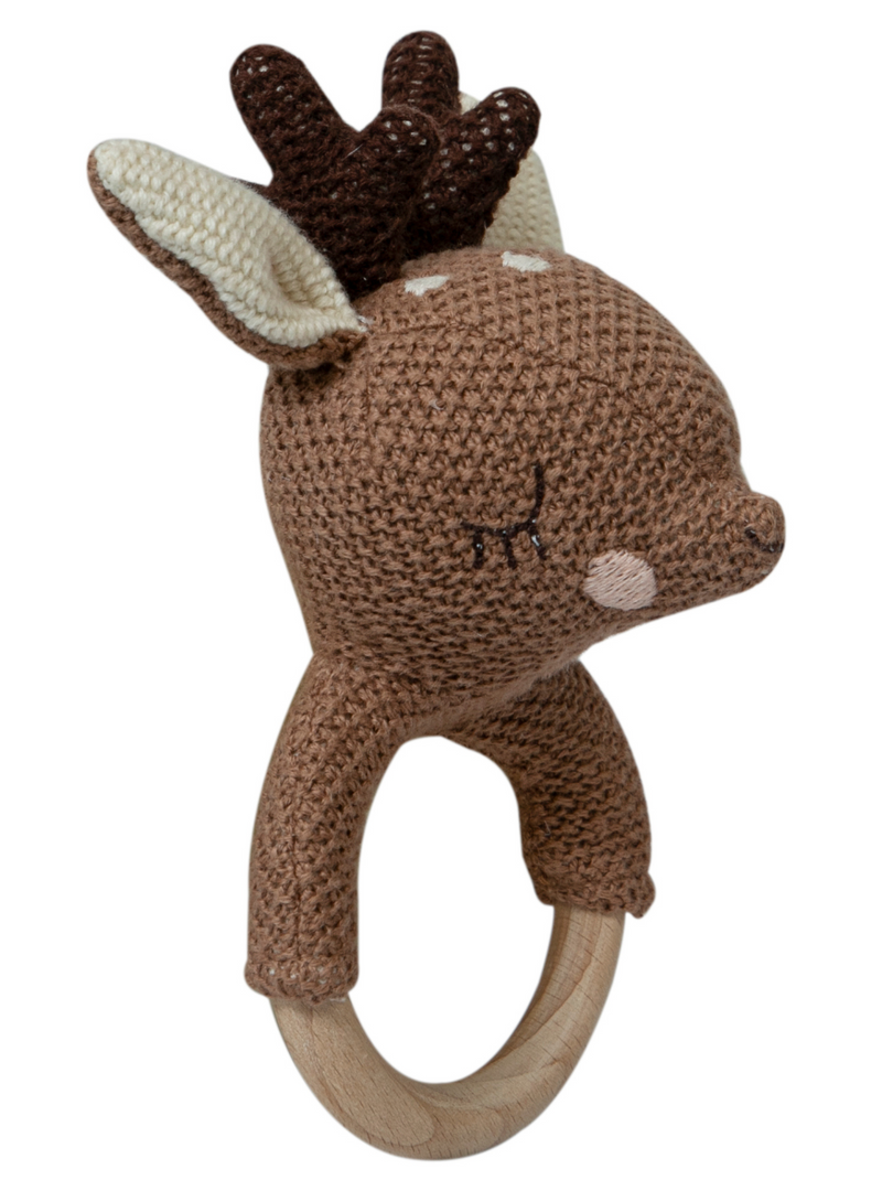 Knitted Deer Rattle With Wooden Ring