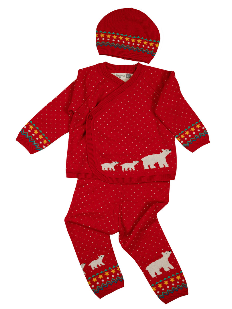 Knitted Polar Bear Red and Ivory Baby Sweater Set