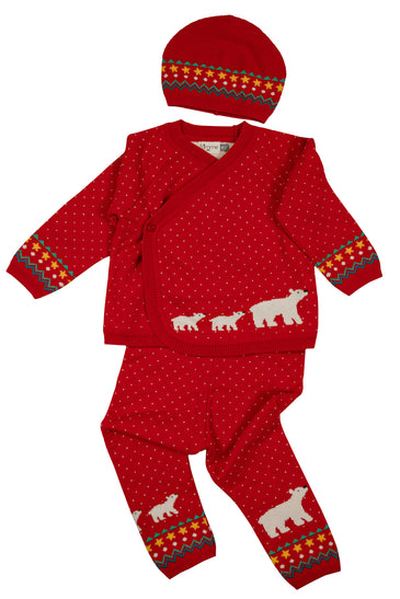 Knitted Polar Bear Red and Ivory Baby Sweater Set
