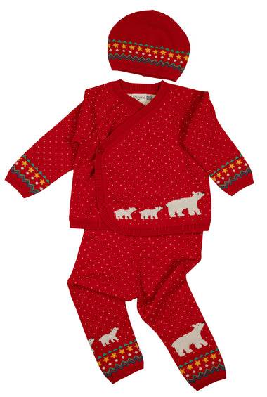 Knitted Polar Bear Red and Ivory Baby Sweater Set