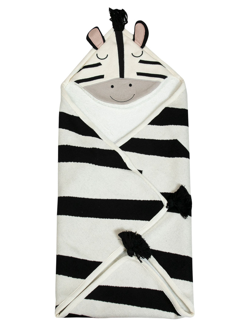 Knitted Hooded Blanket Zebra Design with Sherpa Inside