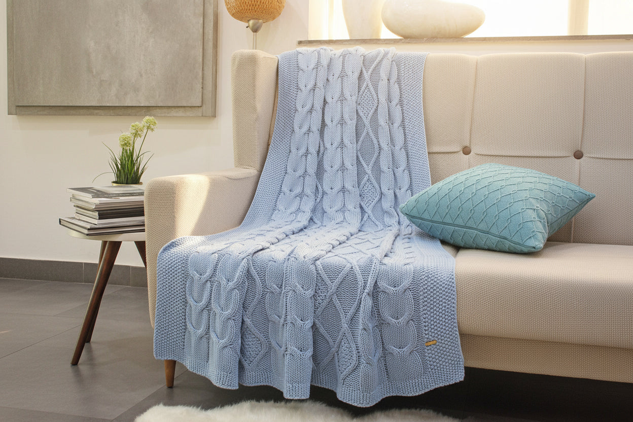 Pomme Cotton Knitted Cable Texture Throw (Sky Blue)
