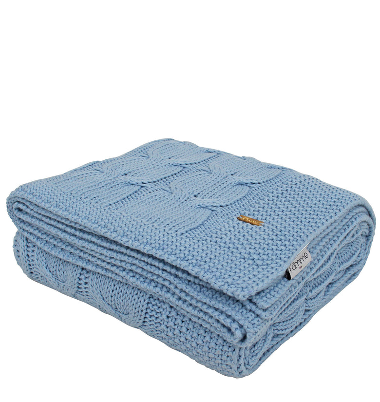 Knitted blue cable texture throw