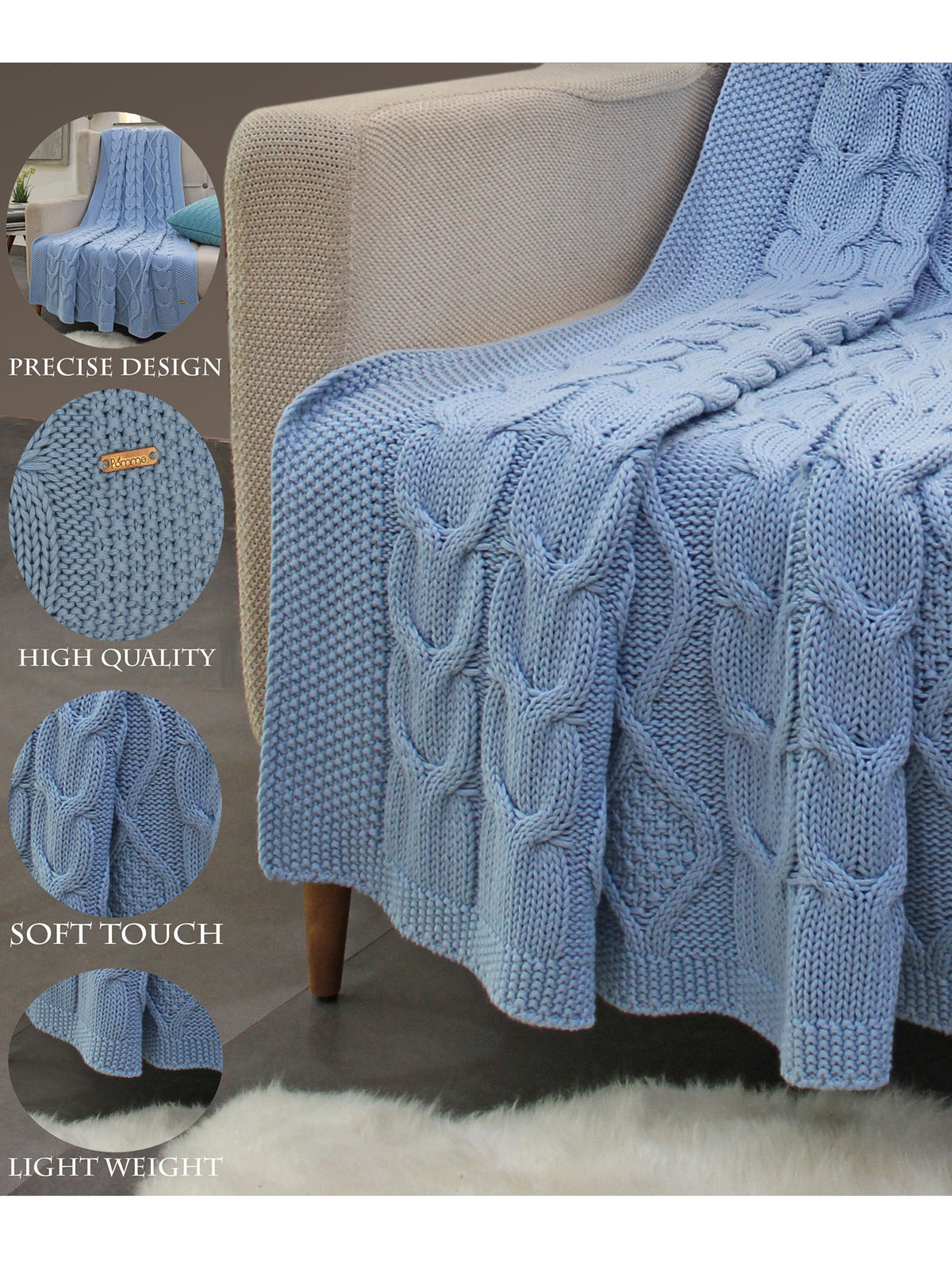 Pomme Cotton Knitted Cable Texture Throw (Sky Blue)