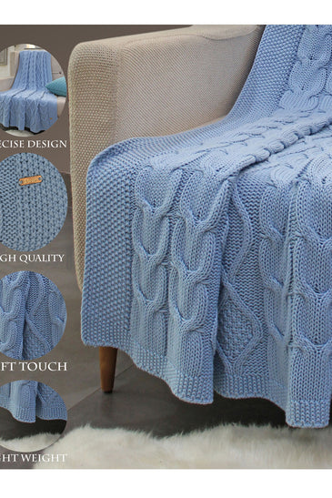 Knitted blue cable texture throw