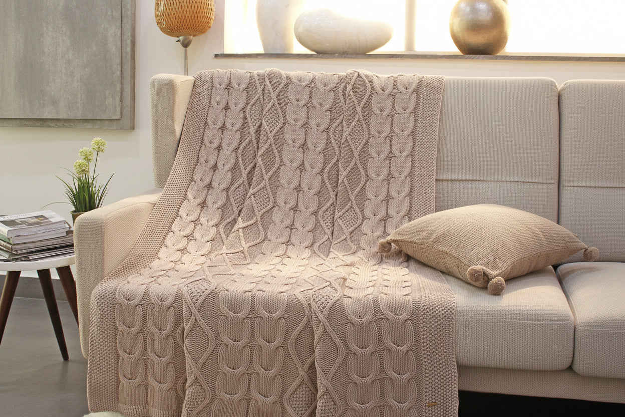 Pomme Cotton Knitted Cable Texture Throw (Beige)