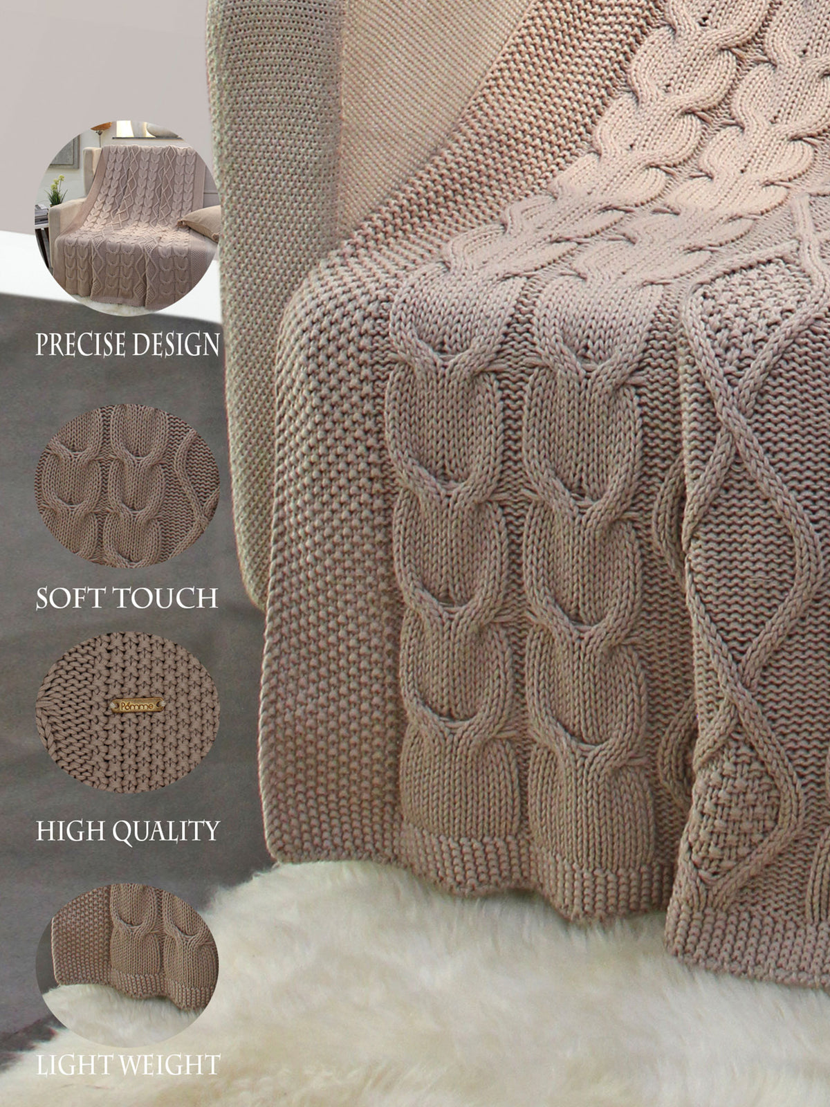 Pomme Cotton Knitted Cable Texture Throw (Beige)