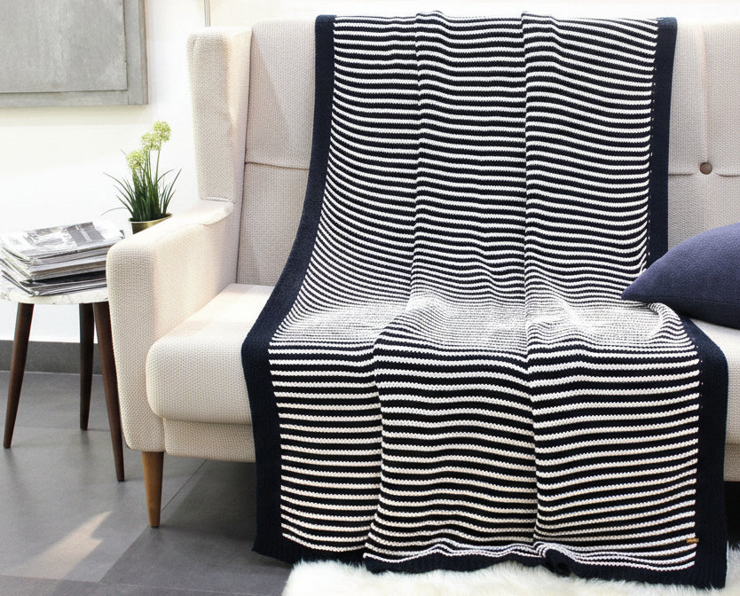 Pomme Cotton Knitted Fine Stripe Ribbed Throw (Black & Ivory)