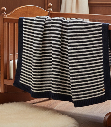 Pomme Cotton Knitted Fine Stripe Ribbed Throw (Black & Ivory)