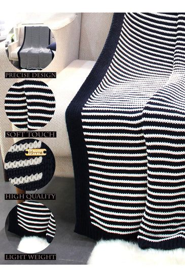 Black With White Strips Knitted Cotton Throw