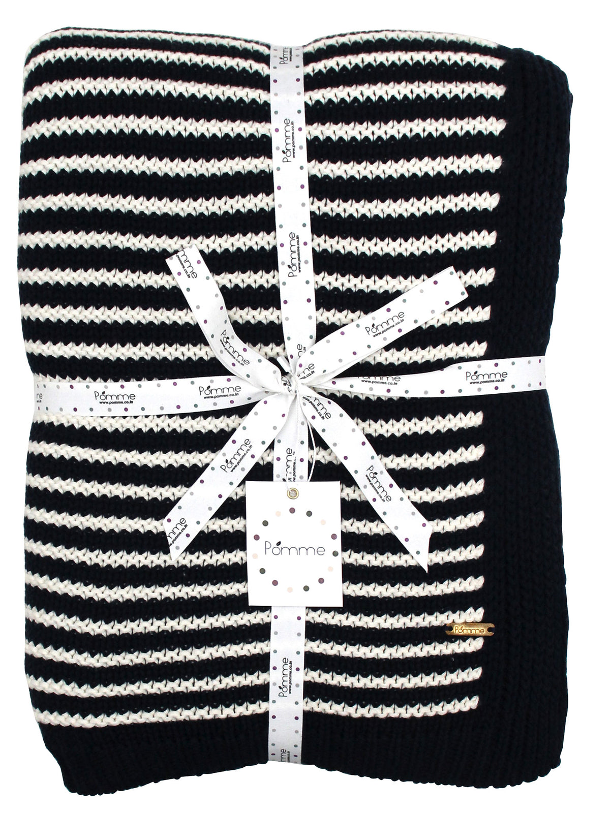 Pomme Cotton Knitted Fine Stripe Ribbed Throw (Black & Ivory)