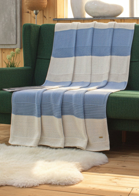 Pomme Cotton Knitted Coastal Stripe Throw (Blue & Ivory)
