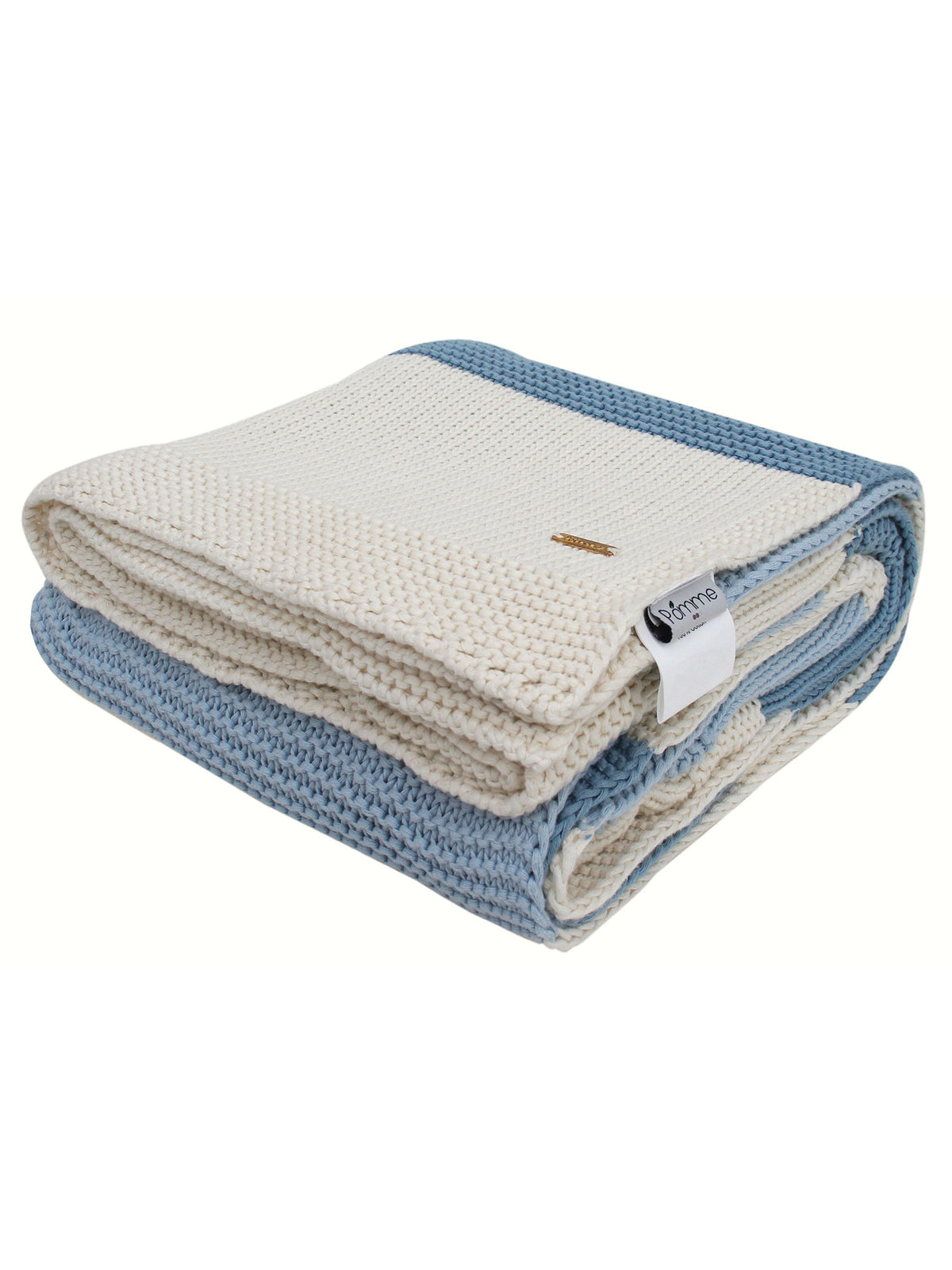 Pomme Cotton Knitted Coastal Stripe Throw (Blue & Ivory)