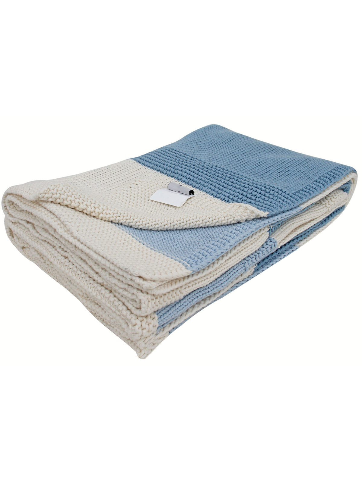 Pomme Cotton Knitted Coastal Stripe Throw (Blue & Ivory)