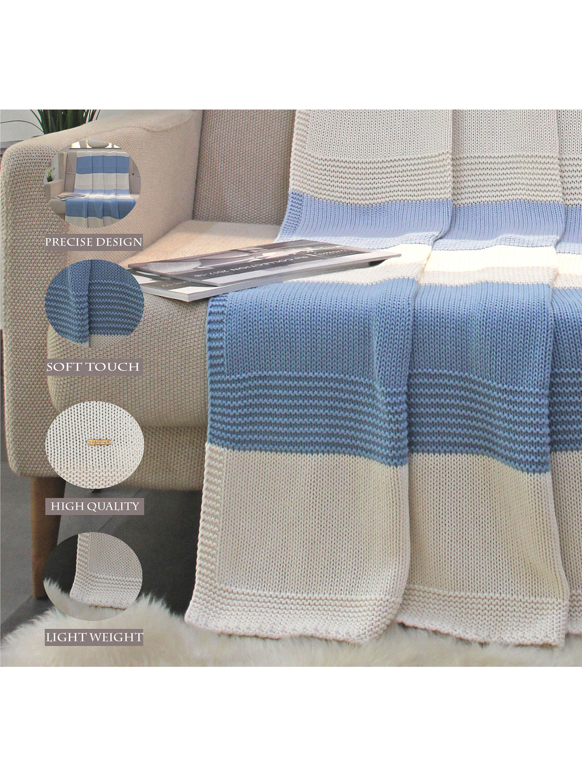 Pomme Cotton Knitted Coastal Stripe Throw (Blue & Ivory)