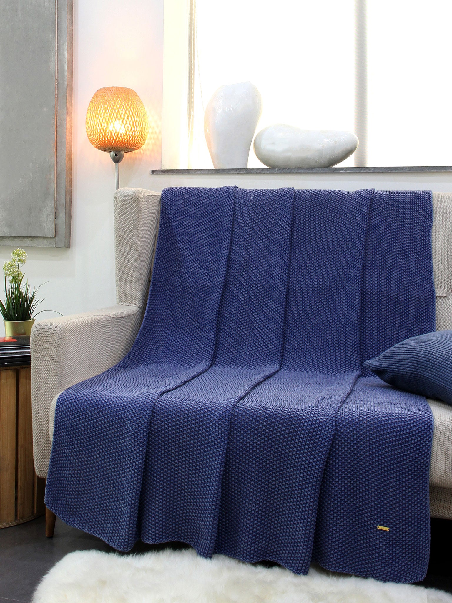 Pomme Cotton Knitted Moss Stitch Stone Wash Throw (Denim Blue)