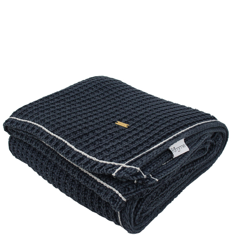 Black With White Border Knitted Cotton Throw