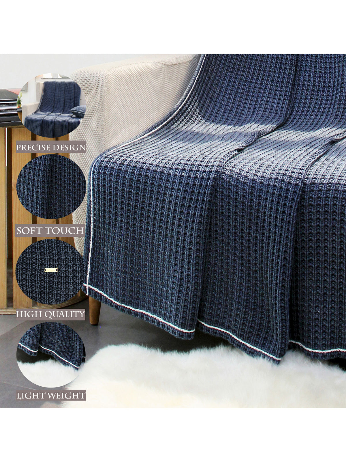 Pomme Cotton Knitted Chunky Waffle Throw (Navy Blue)