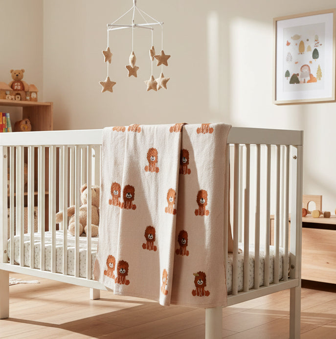 Pomme Cotton Knitted Cheeky Lion Cub Baby Blanket (Ivory & Rust)