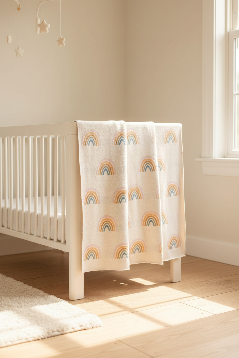 Pomme Cotton Knitted Muted Rainbow Baby Blanket (Off White)