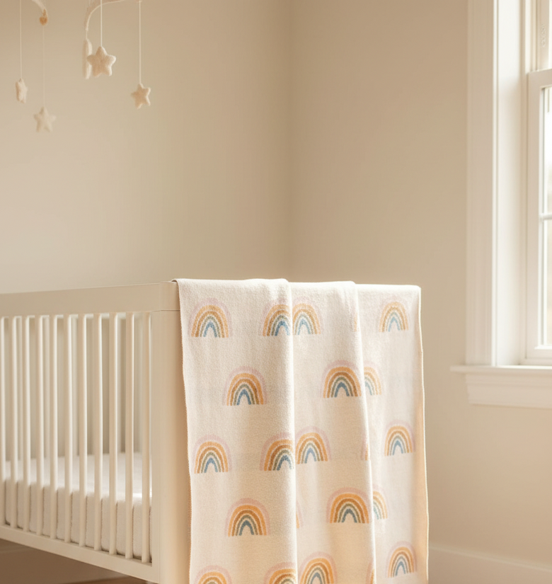 Pomme Cotton Knitted Muted Rainbow Baby Blanket (Off White)