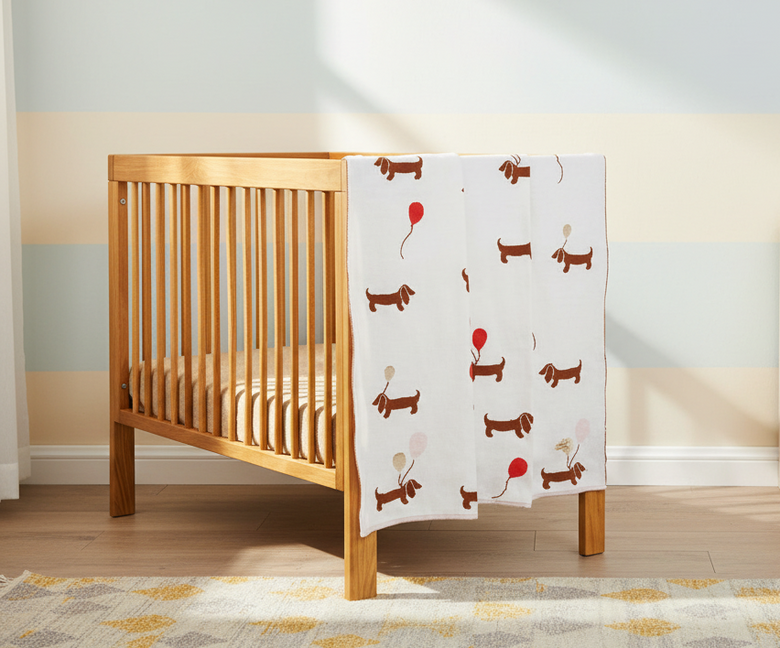 Pomme Cotton Knitted Dachshund & Balloons Baby Blanket (Ivory)