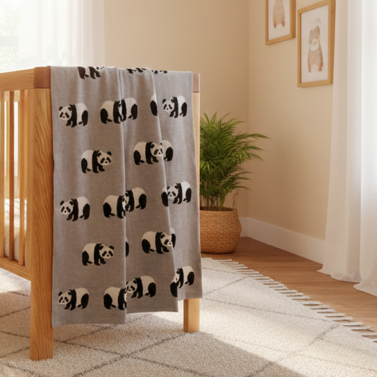 Pomme Cotton Knitted Little Panda Baby Blanket (Grey)