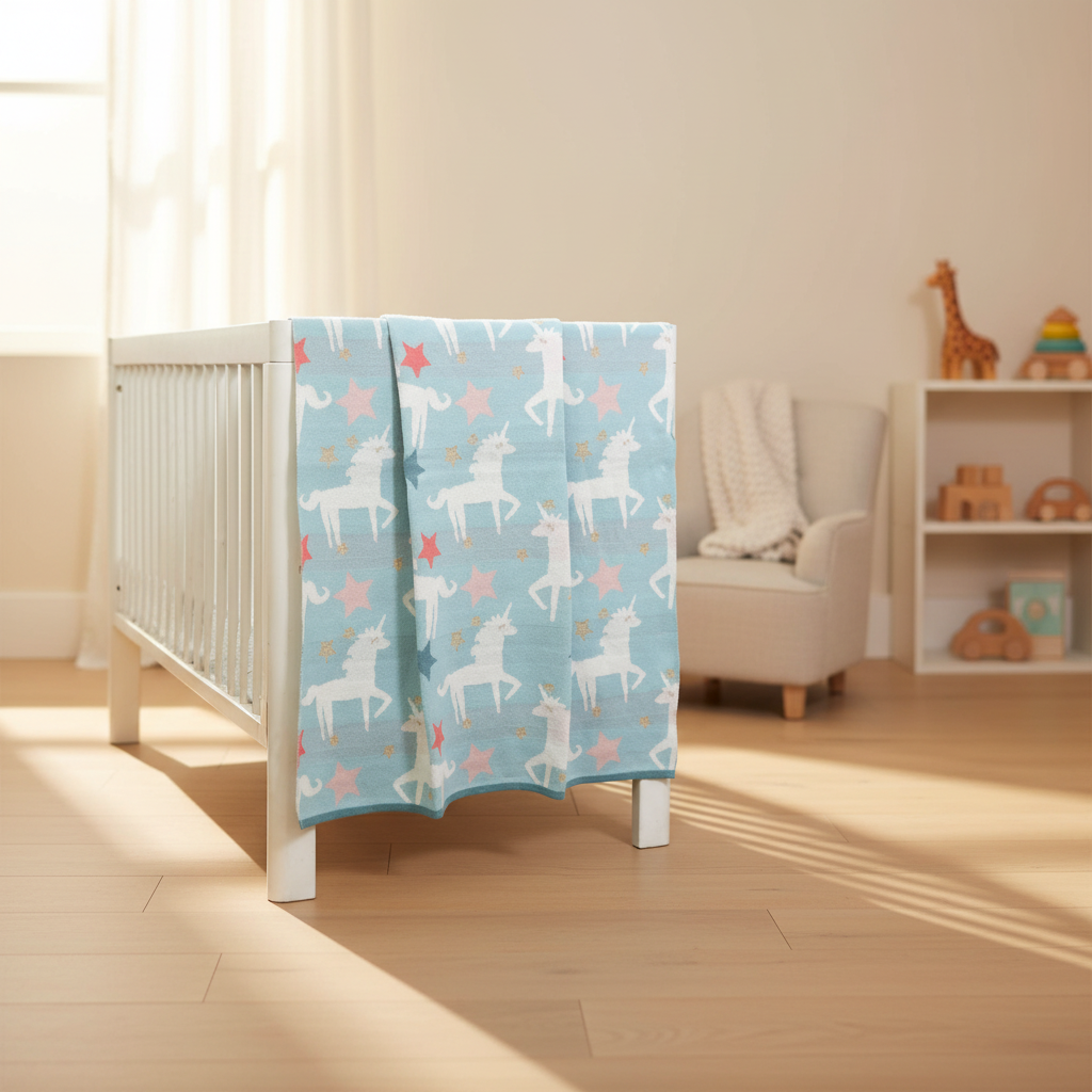 Pomme Cotton Knitted Unicorn Sparkle Baby Blanket (Sky Blue)