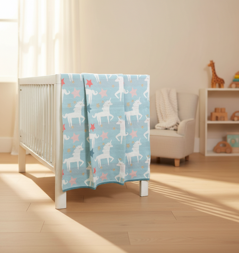 Pomme Cotton Knitted Unicorn Sparkle Baby Blanket (Sky Blue)
