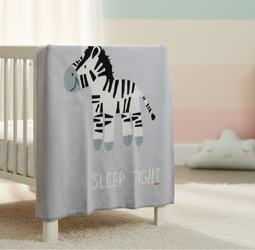 Pomme Cotton Knitted "Sleep Tight" Zebra Baby Blanket (Grey)