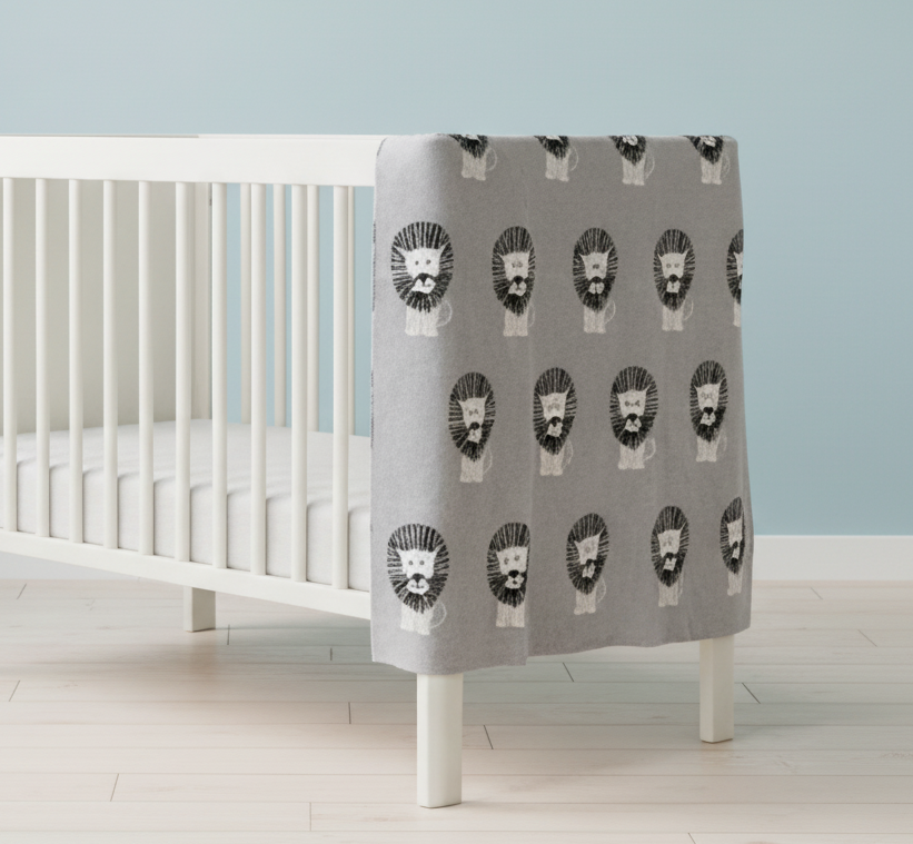 Pomme Cotton Knitted Big Roar Lion Parade Baby Blanket (Grey & Ivory)