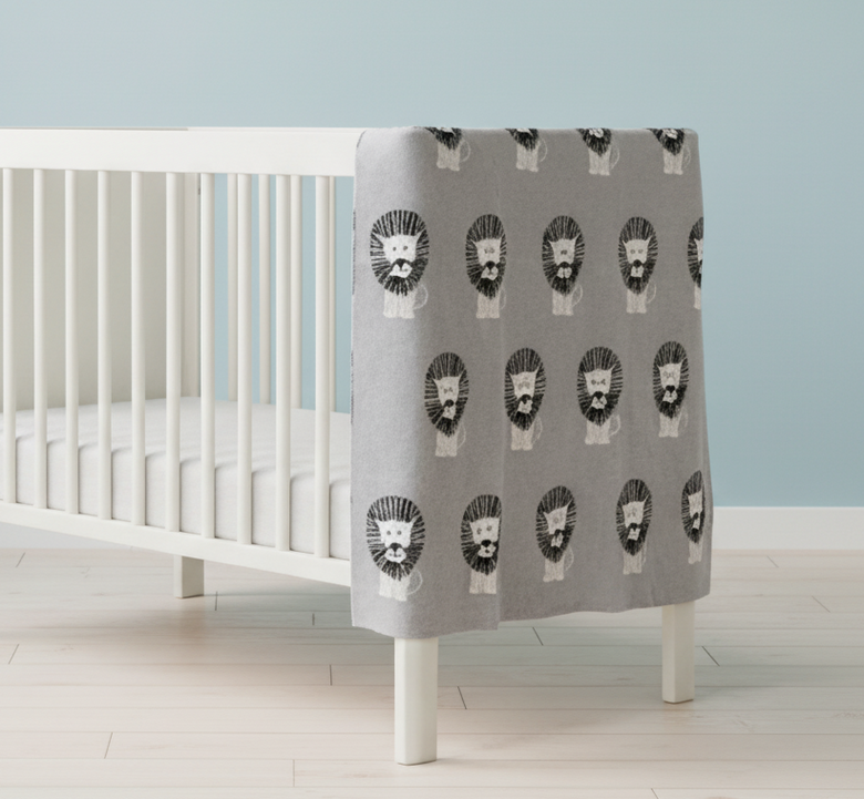 Pomme Cotton Knitted Big Roar Lion Parade Baby Blanket (Grey & Ivory)